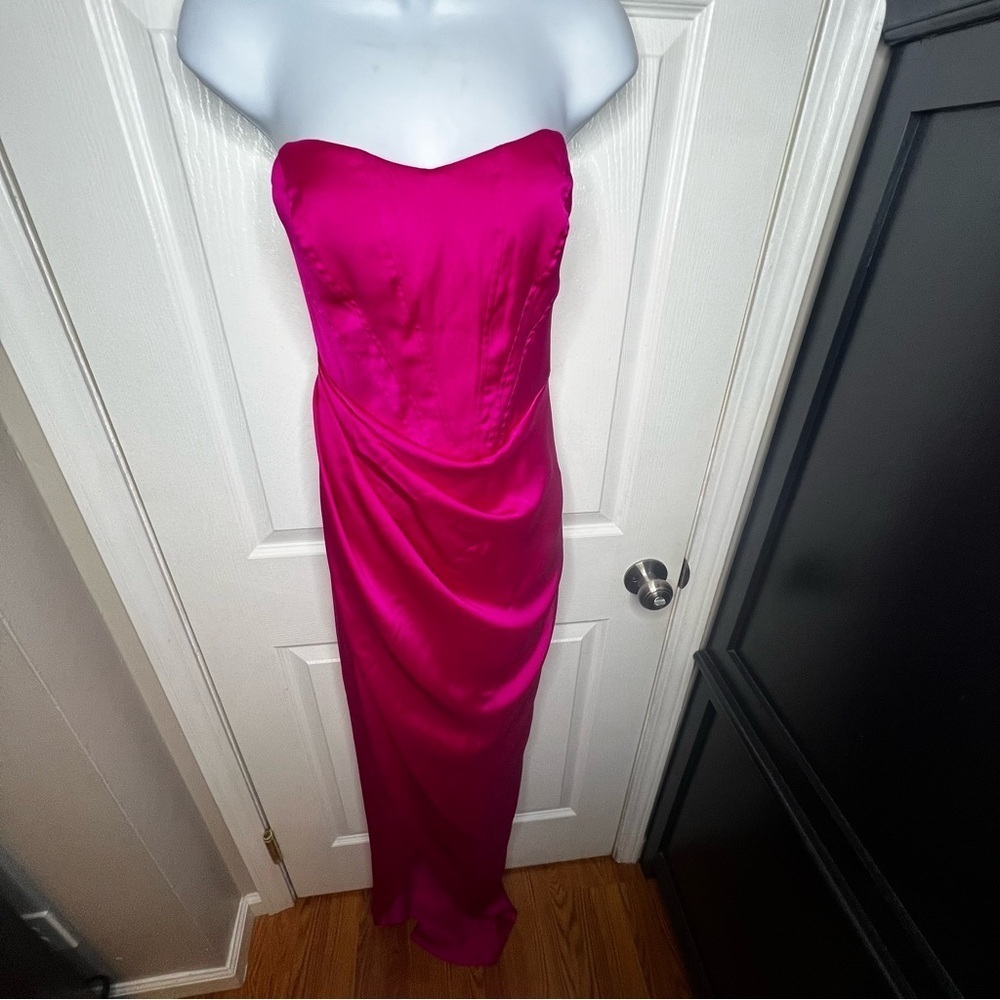 Express Women’s 2 Pink Satin Strapless Corset Gown Dress XS Formal Slit - Picture 2 of 16